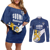 Custom Finland Football We are Champions Couples Matching Off Shoulder Short Dress and Long Sleeve Button Shirt Huuhkajat with Finnish Folk Paterns