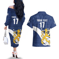 Custom Finland Football We are Champions Couples Matching Off The Shoulder Long Sleeve Dress and Hawaiian Shirt Huuhkajat with Finnish Folk Paterns