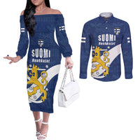 Custom Finland Football We are Champions Couples Matching Off The Shoulder Long Sleeve Dress and Long Sleeve Button Shirt Huuhkajat with Finnish Folk Paterns