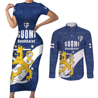 Custom Finland Football We are Champions Couples Matching Short Sleeve Bodycon Dress and Long Sleeve Button Shirt Huuhkajat with Finnish Folk Paterns