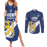 Custom Finland Football We are Champions Couples Matching Summer Maxi Dress and Long Sleeve Button Shirt Huuhkajat with Finnish Folk Paterns