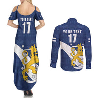 Custom Finland Football We are Champions Couples Matching Summer Maxi Dress and Long Sleeve Button Shirt Huuhkajat with Finnish Folk Paterns
