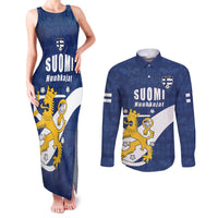 Custom Finland Football We are Champions Couples Matching Tank Maxi Dress and Long Sleeve Button Shirt Huuhkajat with Finnish Folk Paterns