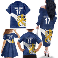 Custom Finland Football We are Champions Family Matching Off The Shoulder Long Sleeve Dress and Hawaiian Shirt Huuhkajat with Finnish Folk Paterns