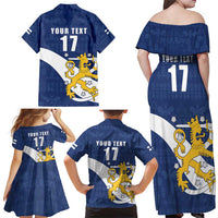 Custom Finland Football We are Champions Family Matching Off Shoulder Maxi Dress and Hawaiian Shirt Huuhkajat with Finnish Folk Paterns