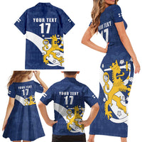 Custom Finland Football We are Champions Family Matching Short Sleeve Bodycon Dress and Hawaiian Shirt Huuhkajat with Finnish Folk Paterns