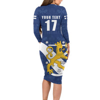 Custom Finland Football We are Champions Long Sleeve Bodycon Dress Huuhkajat with Finnish Folk Paterns