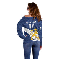 Custom Finland Football We are Champions Off Shoulder Sweater Huuhkajat with Finnish Folk Paterns