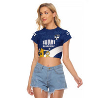 Custom Finland Football We are Champions Raglan Cropped T Shirt Huuhkajat with Finnish Folk Paterns