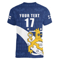 Custom Finland Football We are Champions Women V-Neck T-Shirt Huuhkajat with Finnish Folk Paterns