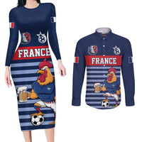 Custom France Football Couples Matching Long Sleeve Bodycon Dress and Long Sleeve Button Shirt Blue Gallic Rooster Mascot
