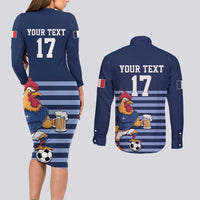 Custom France Football Couples Matching Long Sleeve Bodycon Dress and Long Sleeve Button Shirt Blue Gallic Rooster Mascot