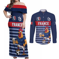 Custom France Football Couples Matching Off Shoulder Maxi Dress and Long Sleeve Button Shirt Blue Gallic Rooster Mascot