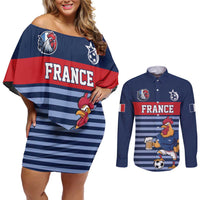 Custom France Football Couples Matching Off Shoulder Short Dress and Long Sleeve Button Shirt Blue Gallic Rooster Mascot