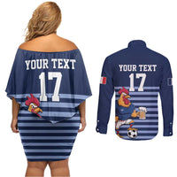 Custom France Football Couples Matching Off Shoulder Short Dress and Long Sleeve Button Shirt Blue Gallic Rooster Mascot