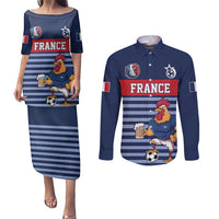 Custom France Football Couples Matching Puletasi and Long Sleeve Button Shirt Blue Gallic Rooster Mascot