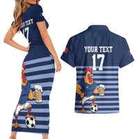 Custom France Football Couples Matching Short Sleeve Bodycon Dress and Hawaiian Shirt Blue Gallic Rooster Mascot