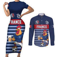 Custom France Football Couples Matching Short Sleeve Bodycon Dress and Long Sleeve Button Shirt Blue Gallic Rooster Mascot