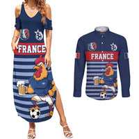 Custom France Football Couples Matching Summer Maxi Dress and Long Sleeve Button Shirt Blue Gallic Rooster Mascot