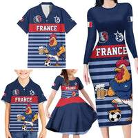 Custom France Football Family Matching Long Sleeve Bodycon Dress and Hawaiian Shirt Blue Gallic Rooster Mascot