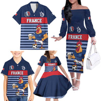 Custom France Football Family Matching Off The Shoulder Long Sleeve Dress and Hawaiian Shirt Blue Gallic Rooster Mascot