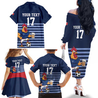 Custom France Football Family Matching Off The Shoulder Long Sleeve Dress and Hawaiian Shirt Blue Gallic Rooster Mascot