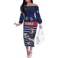 Custom France Football Family Matching Off The Shoulder Long Sleeve Dress and Hawaiian Shirt Blue Gallic Rooster Mascot