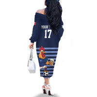 Custom France Football Family Matching Off The Shoulder Long Sleeve Dress and Hawaiian Shirt Blue Gallic Rooster Mascot