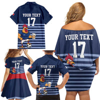 Custom France Football Family Matching Off Shoulder Short Dress and Hawaiian Shirt Blue Gallic Rooster Mascot
