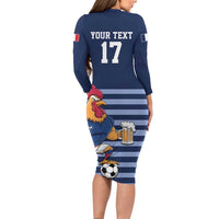 Custom France Football Long Sleeve Bodycon Dress Blue Gallic Rooster Mascot