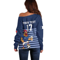 Custom France Football Off Shoulder Sweater Blue Gallic Rooster Mascot