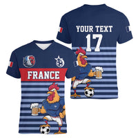 Custom France Football Women V-Neck T-Shirt Blue Gallic Rooster Mascot