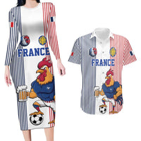 Custom France Football Couples Matching Long Sleeve Bodycon Dress and Hawaiian Shirt White Gallic Rooster Mascot