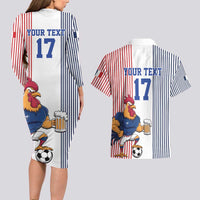 Custom France Football Couples Matching Long Sleeve Bodycon Dress and Hawaiian Shirt White Gallic Rooster Mascot