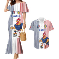 Custom France Football Couples Matching Mermaid Dress and Hawaiian Shirt White Gallic Rooster Mascot