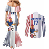Custom France Football Couples Matching Mermaid Dress and Long Sleeve Button Shirt White Gallic Rooster Mascot
