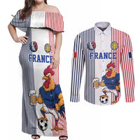Custom France Football Couples Matching Off Shoulder Maxi Dress and Long Sleeve Button Shirt White Gallic Rooster Mascot