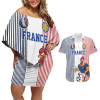 Custom France Football Couples Matching Off Shoulder Short Dress and Hawaiian Shirt White Gallic Rooster Mascot