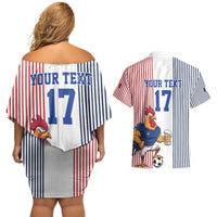 Custom France Football Couples Matching Off Shoulder Short Dress and Hawaiian Shirt White Gallic Rooster Mascot