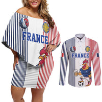 Custom France Football Couples Matching Off Shoulder Short Dress and Long Sleeve Button Shirt White Gallic Rooster Mascot
