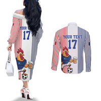 Custom France Football Couples Matching Off The Shoulder Long Sleeve Dress and Long Sleeve Button Shirt White Gallic Rooster Mascot