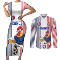 Custom France Football Couples Matching Short Sleeve Bodycon Dress and Long Sleeve Button Shirt White Gallic Rooster Mascot