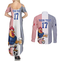 Custom France Football Couples Matching Summer Maxi Dress and Long Sleeve Button Shirt White Gallic Rooster Mascot