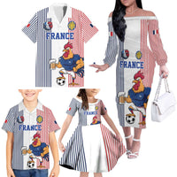 Custom France Football Family Matching Off The Shoulder Long Sleeve Dress and Hawaiian Shirt White Gallic Rooster Mascot
