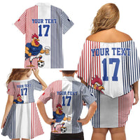 Custom France Football Family Matching Off Shoulder Short Dress and Hawaiian Shirt White Gallic Rooster Mascot