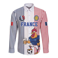Custom France Football Long Sleeve Button Shirt White Gallic Rooster Mascot