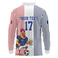 Custom France Football Long Sleeve Polo Shirt White Gallic Rooster Mascot