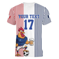 Custom France Football Women V-Neck T-Shirt White Gallic Rooster Mascot