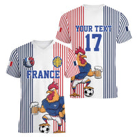 Custom France Football Women V-Neck T-Shirt White Gallic Rooster Mascot