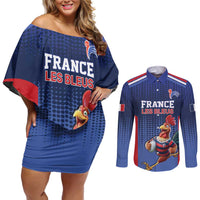 France Rugby Custom Couples Matching Off Shoulder Short Dress and Long Sleeve Button Shirt Come on Les Bleus Blue Style